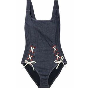 NWT SOLID & STRIPED M Raquel denim look one piece swimsuit lace-up $178 stretch